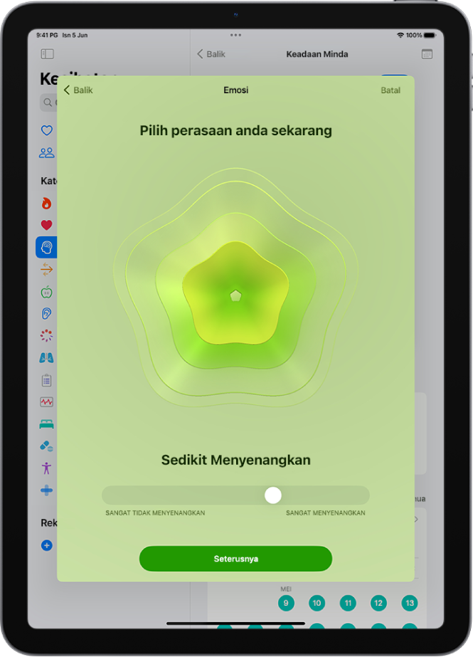 Skrin dalam app Kesihatan mengenal pasti perasaan semasa sebagai Sedikit Menyenangkan. Di bahagian bawah skrin ialah gelangsar untuk melaraskan tahap emosi.