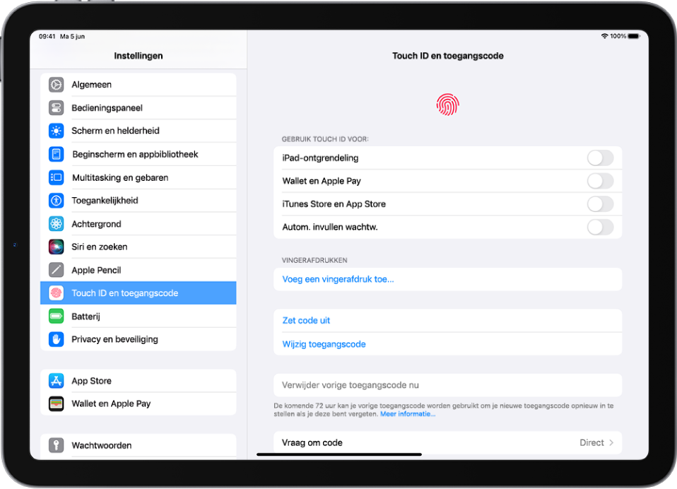 De navigatiekolom van Instellingen is geopend aan de linkerkant van het scherm en 'Touch ID en toegangscode' is geselecteerd. Aan de rechterkant van het scherm staan opties waarmee je aangeeft welke functies met Touch ID kunnen worden ontgrendeld. 'iPad-ontgrendeling', 'Wallet en Apple Pay', 'iTunes Store en App Store', en 'Autom. invullen wachtw.' zijn allemaal uitgeschakeld.