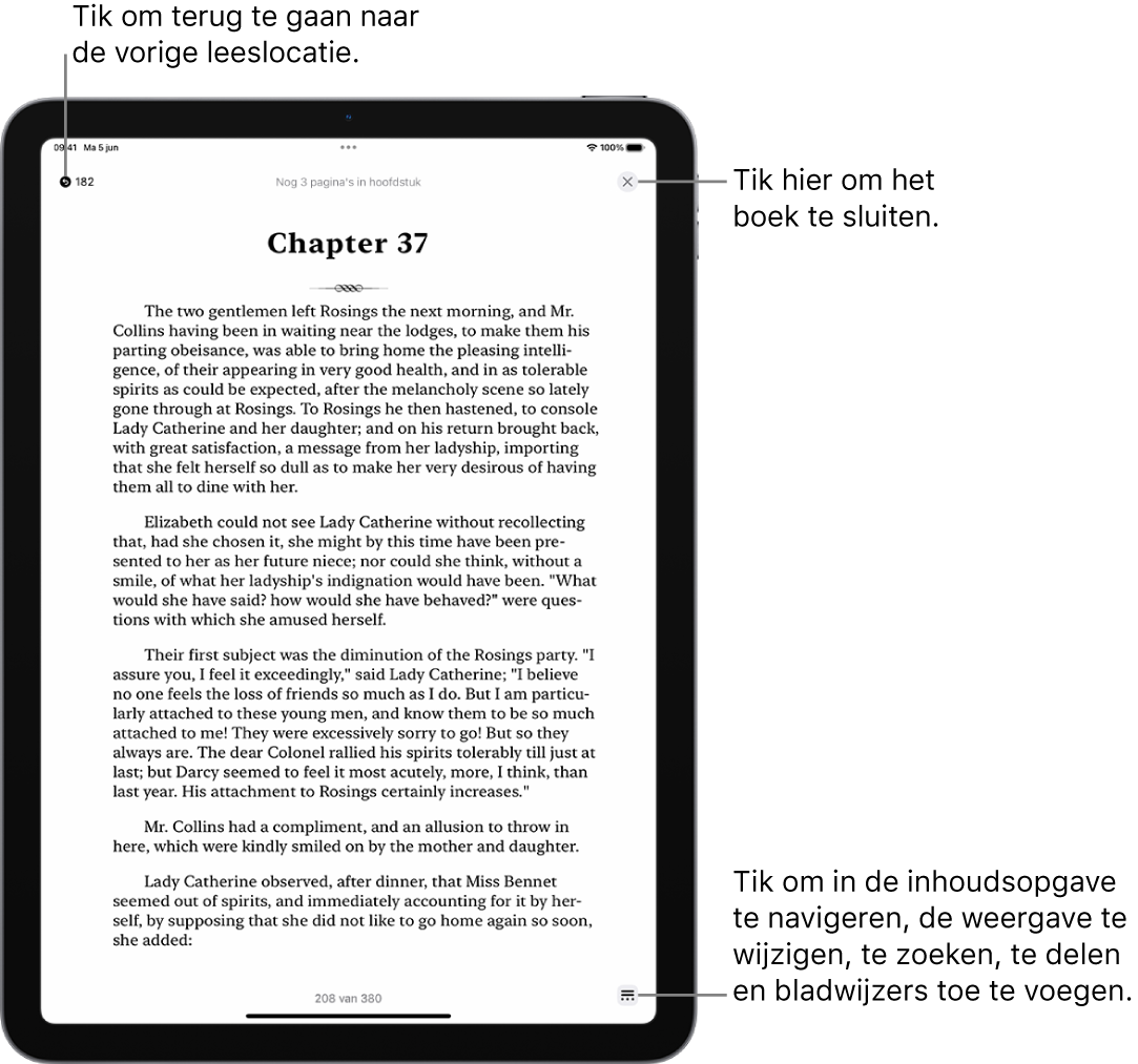 Een pagina van een boek in de Boeken-app. Boven in het scherm staan de knoppen waarmee je teruggaat naar de pagina waar je bent begonnen met lezen en waarmee je het boek sluit. Onder in het scherm is de menuknop te zien.