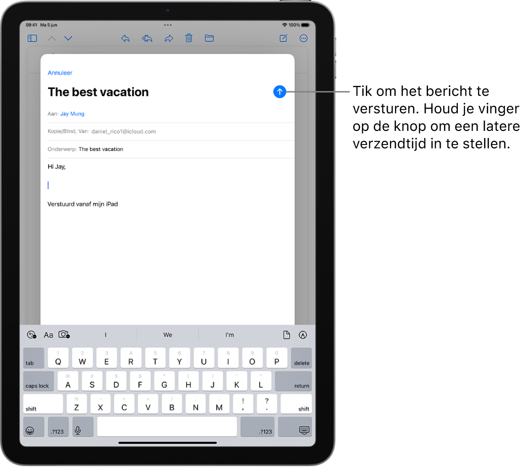 Een concept-e‑mail is geopend in de Mail-app. In de rechterbovenhoek staat de knop om het bericht te versturen. Tik erop om het bericht te versturen of houd je vinger erop om een latere verzendtijd in te stellen.