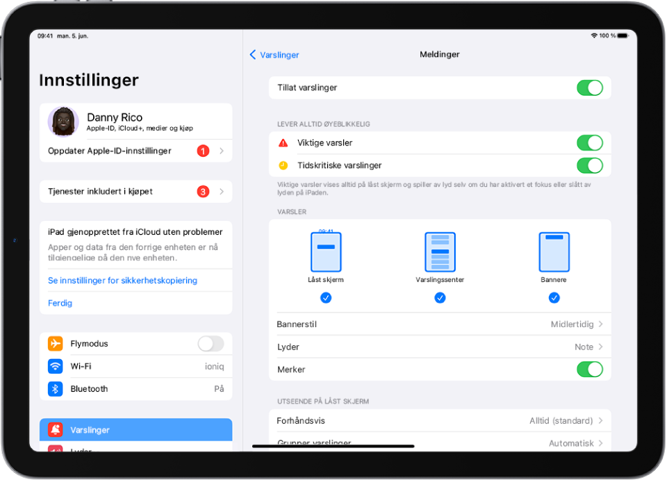 iPad som viser Meldinger-innstillingene for varslinger og varsler.