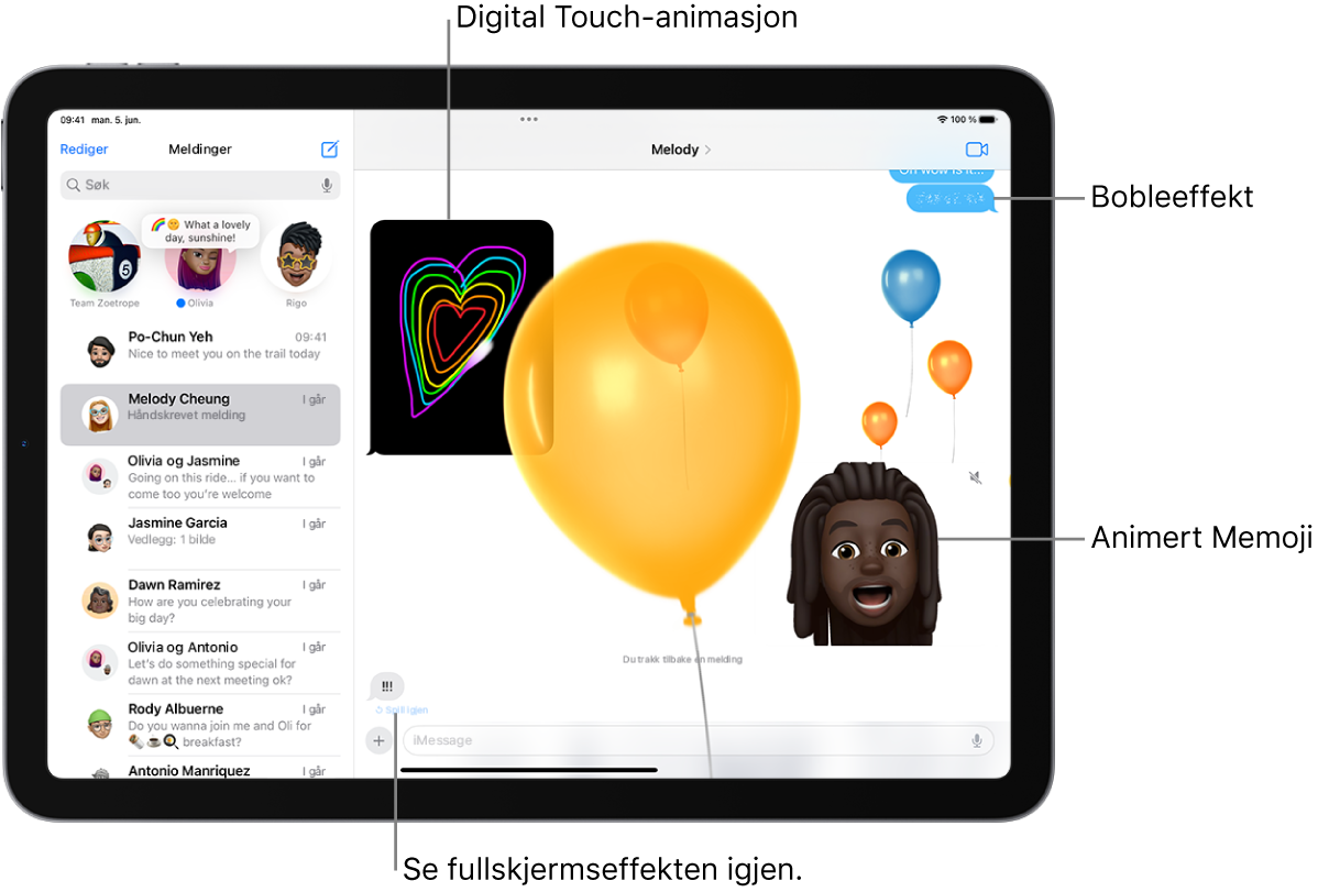 En Meldinger-samtale med boble- og fullskjermeffekter samt animasjoner: Digital Touch og en håndskrevet melding.