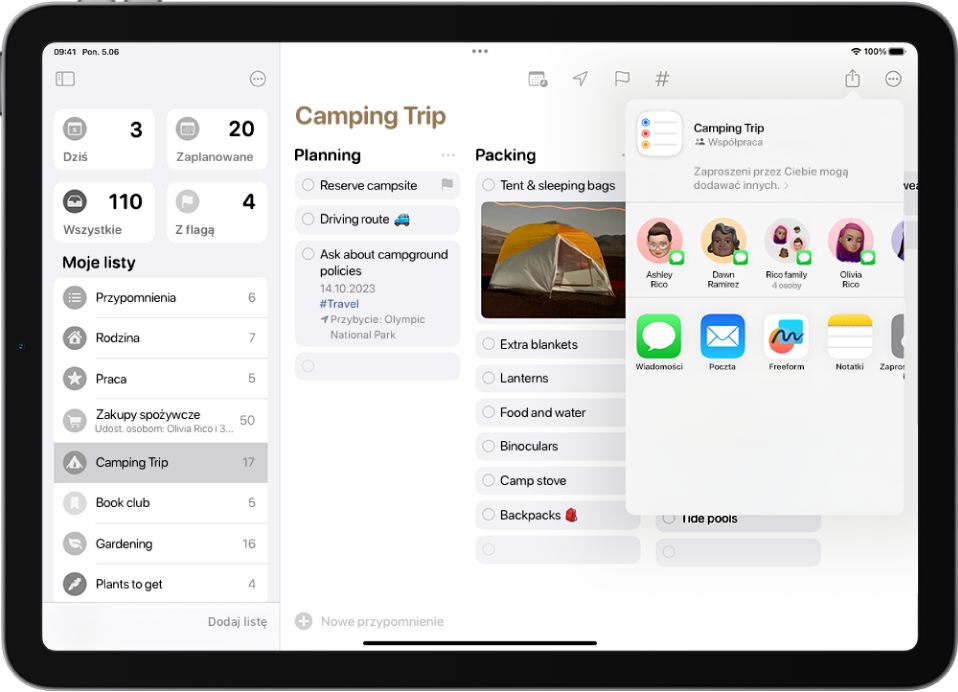 Ekran aplikacji Przypomnienia wyświetlający listę. Po prawej stronie widoczne są opcje dotyczące udostępniania listy.