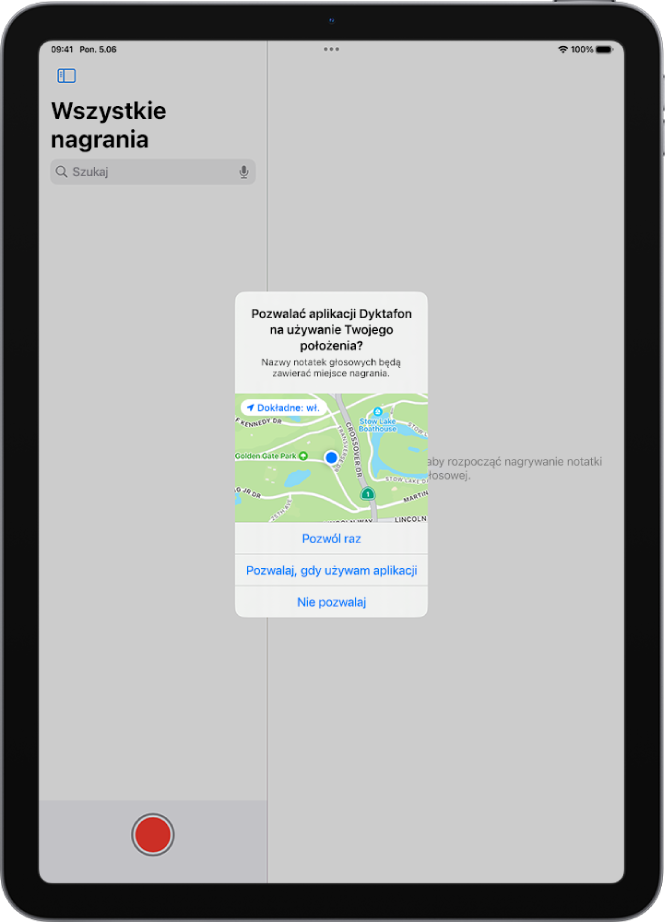 Prośba aplikacji o użycie danych dotyczących położenia iPada. Dostępne są następujące opcje: Pozwól raz, Pozwalaj, gdy używam aplikacji oraz Nie pozwalaj.