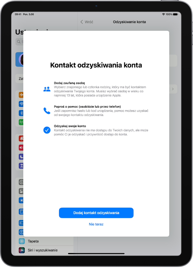 Ekran kontaktu odzyskiwania konta z informacjami dotyczącymi tej funkcji. Na dole ekranu widoczny jest przycisk Dodaj kontakt odzyskiwania.