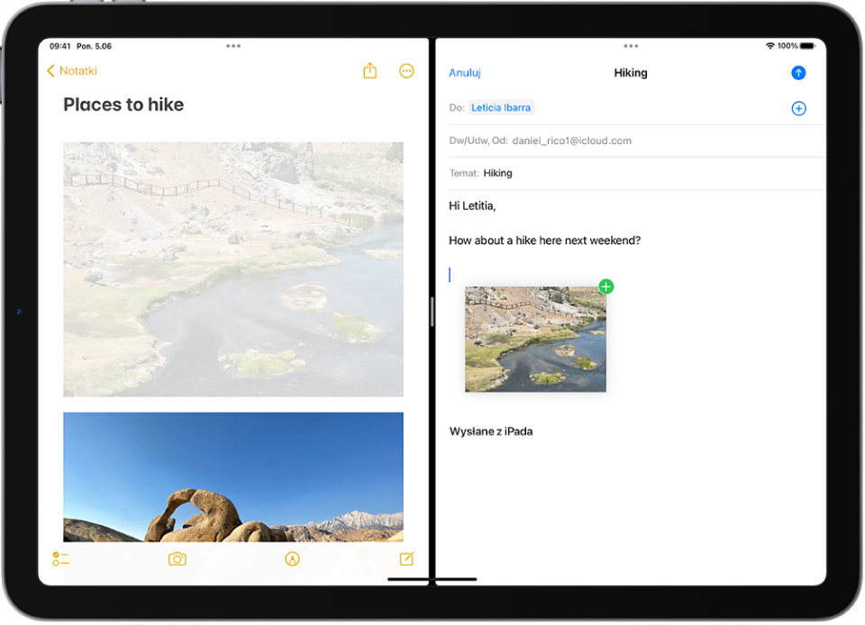 Widok Split View z aplikacją Notatki otwartą po lewej stronie oraz wiadomością email otwartą po prawej. Zdjęcie z Notatek jest przeciągane do wiadomości email.