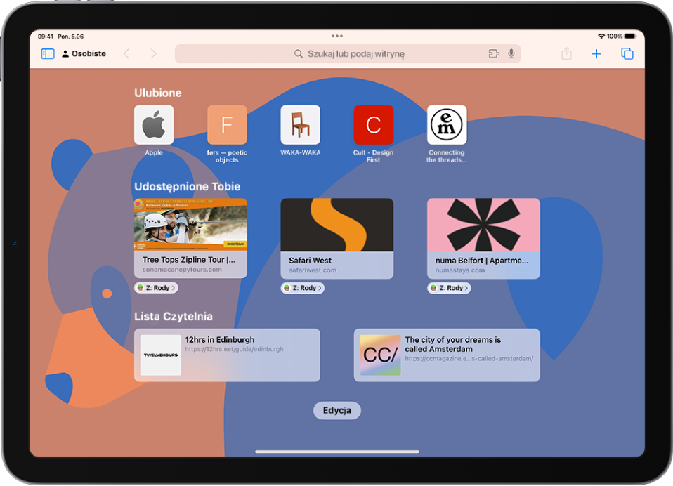 Strona początkowa w Safari, zawierająca ulubione witryny, witryny udostępnione Ci przez innych oraz witryny zachowane na liście Czytelnia. Na dole ekranu znajduje się przycisk Edycja.