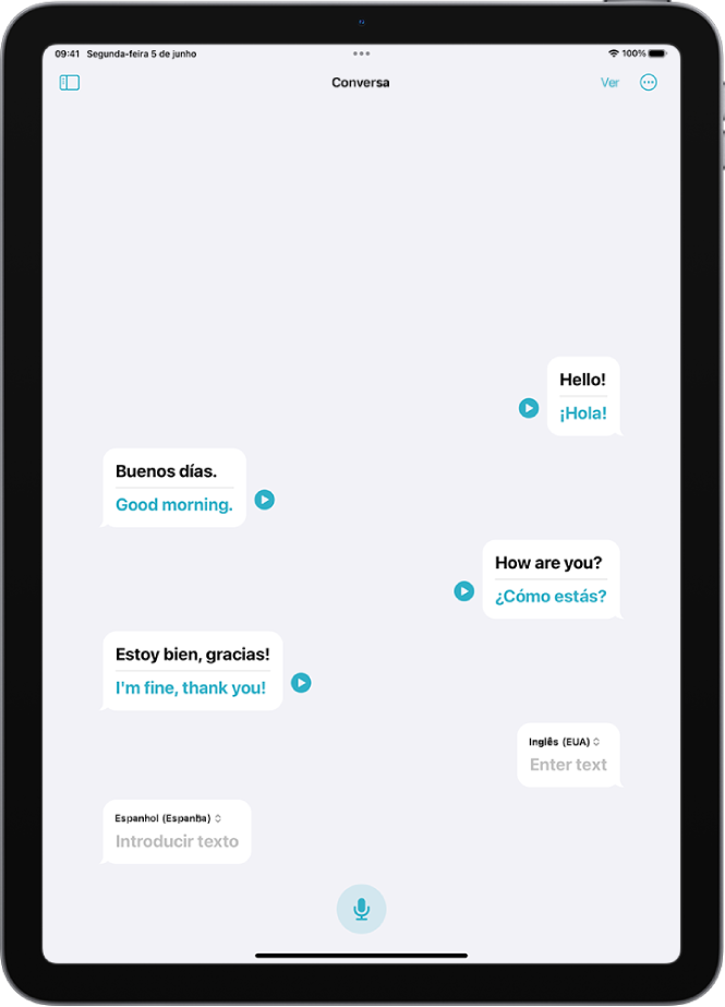 Aba Conversa, mostrando balões de fala e suas traduções.