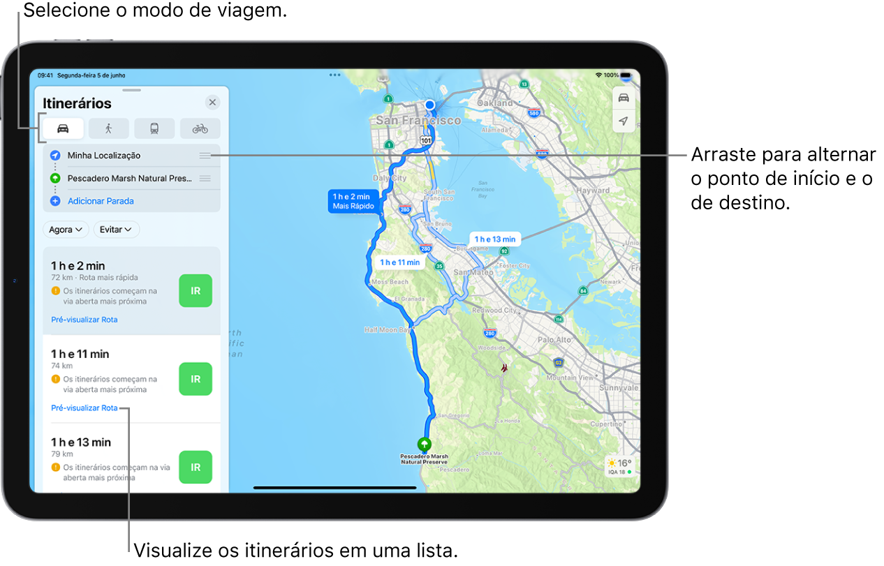 Um mapa mostrando várias rotas de carro entre duas localizações, com opções para escolher outros modos de viagem, alternar o ponto inicial e o destino, e visualizar itinerários em uma lista.