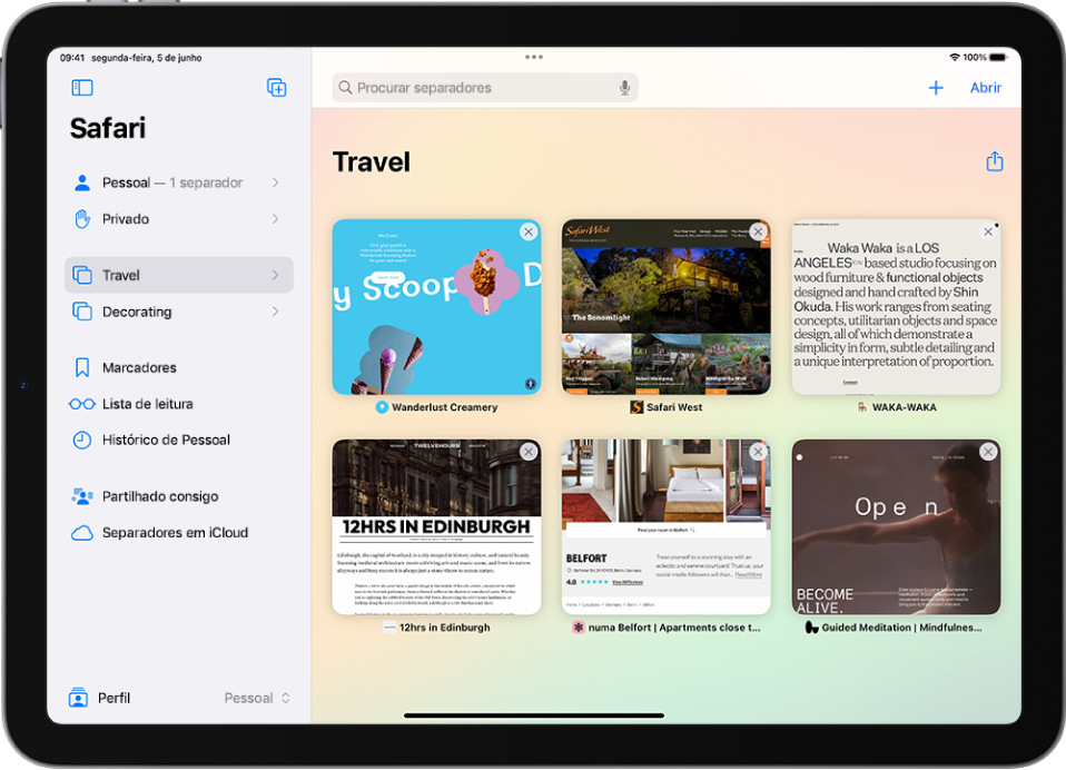 No Safari, estão listados vários grupo de separadores. Um grupo de separadores está selecionado, com pré-visualizações dos seis separadores abertos visíveis.
