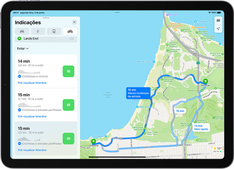 Um mapa mostra vários itinerários de bicicleta, cada um deles com o botão Ir na ficha do itinerário à esquerda.