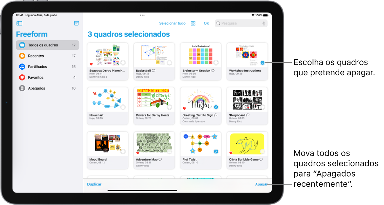 Estão selecionados vários quadros na vista “Todos os quadros” na aplicação Freeform. O botão Apagar está no canto inferior direito do ecrã.