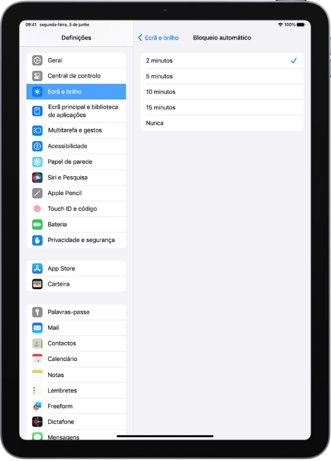 O ecrã de bloqueio automático com as definições para a duração de tempo antes do iPad bloquear automaticamente.