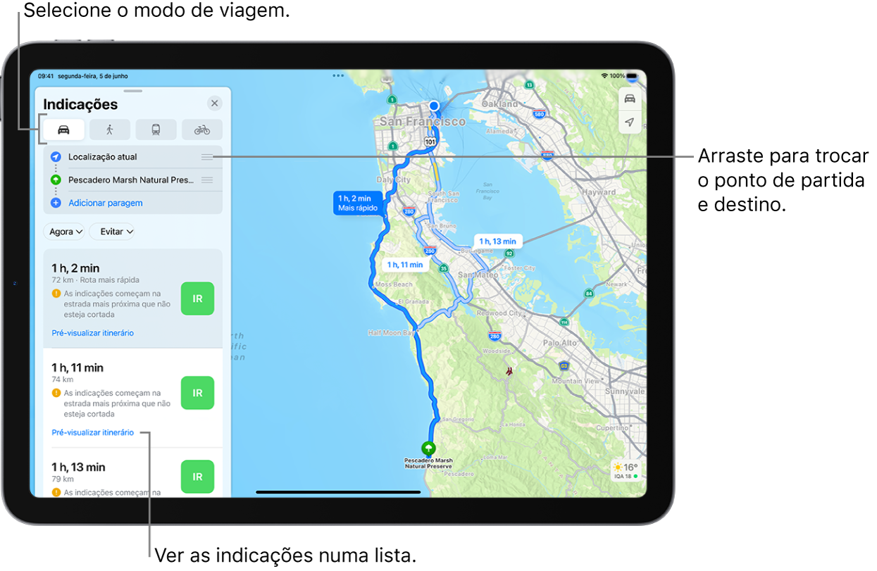 Um mapa mostra vários itinerários de carro entre dois locais, com opções para selecionar outros modos de viagem, alternar entre o ponto de partida e de destino e ver indicações numa lista.