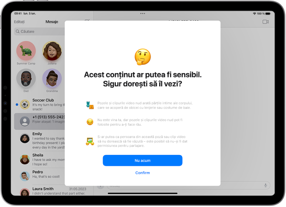 Un ecran afișează un avertisment că un mesaj ar putea conține imagini cu conținut sensibil. În partea de jos, există opțiuni pentru a primi ajutor sau pentru a închide avertismentul.