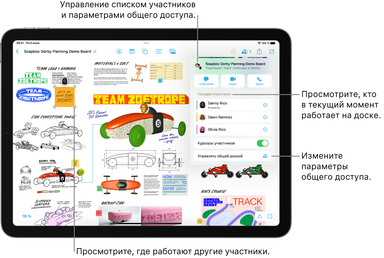 Общая доска Freeform на iPad с открытым меню совместной работы и местоположением другого участника на доске, отмеченным фиолетовыми галочками.