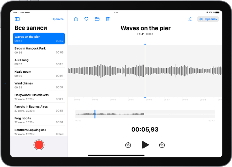 Показана запись в приложении «Диктофон». Слева отображается список записей. Вверху отображается выбранная запись. На волновой форме справа отображается указатель воспроизведения, который можно перетянуть для перехода к определенному месту в записи. Над звуковой волной находятся кнопки «Поделиться», «В Избранное», «Переместить», «Удалить», «Настройки воспроизведения» и «Изменить». Под временной шкалой расположены элементы управления воспроизведением.