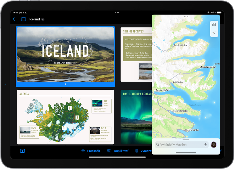 Obrazovku vypĺňa apka Keynote. Na pravej strane obrazovky je v okne Slide Over otvorená apka Mapy.