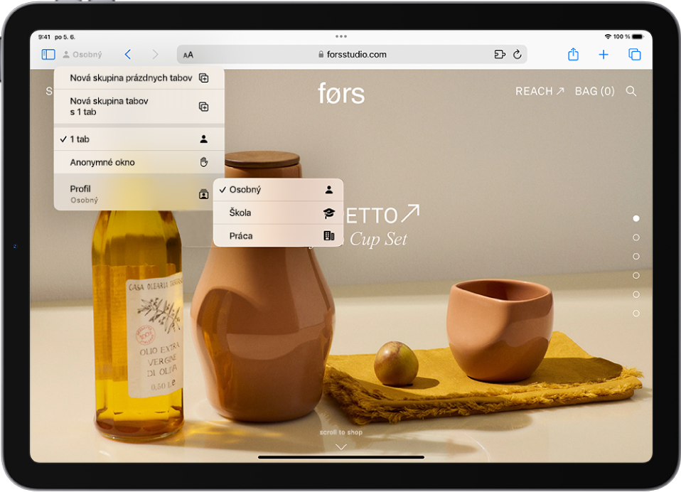 V Safari je naľavo od vyhľadávacieho poľa otvorené menu Skupina tabov. V dolnej časti menu je vybraná možnosť Profil. V menu sa zobrazuje osobný, školský a pracovný profil.