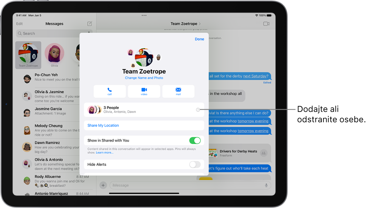 iPad s podrobnostmi pogovora za skupino.