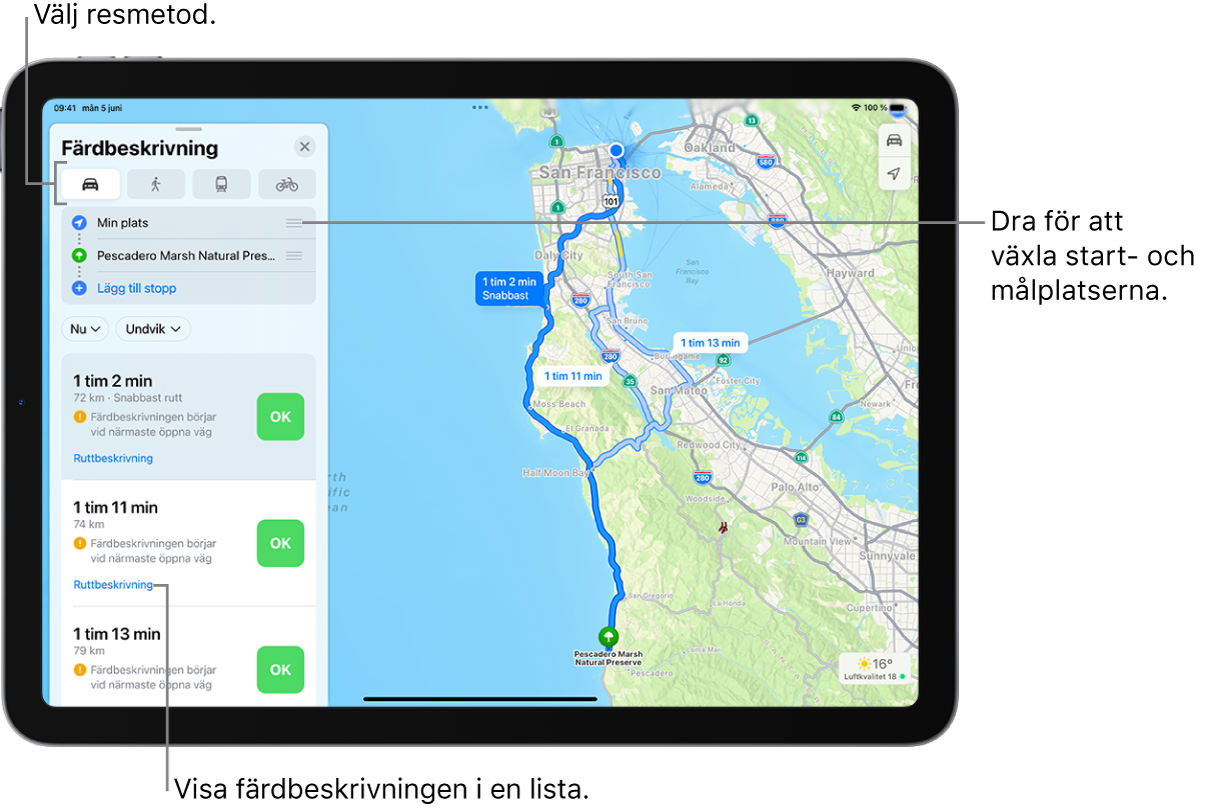 En karta som visar flera bilrutter mellan två platser med alternativ för att välja andra transportsätt, växla startpunkt och mål och visa färdbeskrivningar i en lista.