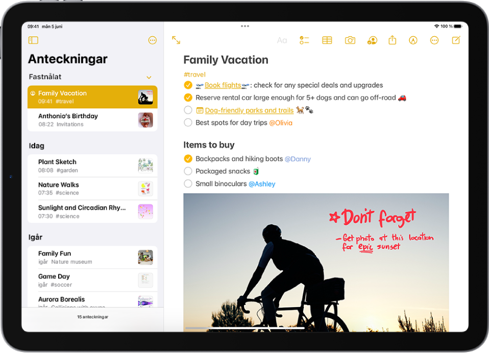iPad är i liggande läge med appen Anteckningar öppen. Sidofältet visar en lista över anteckningar med knappar högst upp för att gömma sidofältet och hantera mappen. Den anteckning som är markerad i sidofältet är öppen till höger och visar en uppgiftslista för en familjesemester. Ovanför anteckningen finns knappar för att visa anteckningen i helskärmsläge, formatera text, lägga till en checklista, lägga till en tabell, lägga till en bild, dela anteckningen, visa handskriftsverktyg, hantera anteckningen och skapa en ny anteckning.