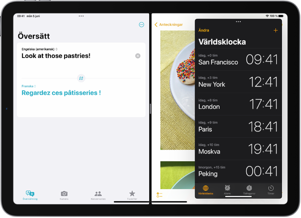 Appen Översätt är öppen till vänster på skärmen, Anteckningar är öppen till höger och Klocka är öppen i ett Slide Over-fönster som delvis täcker Anteckningar.