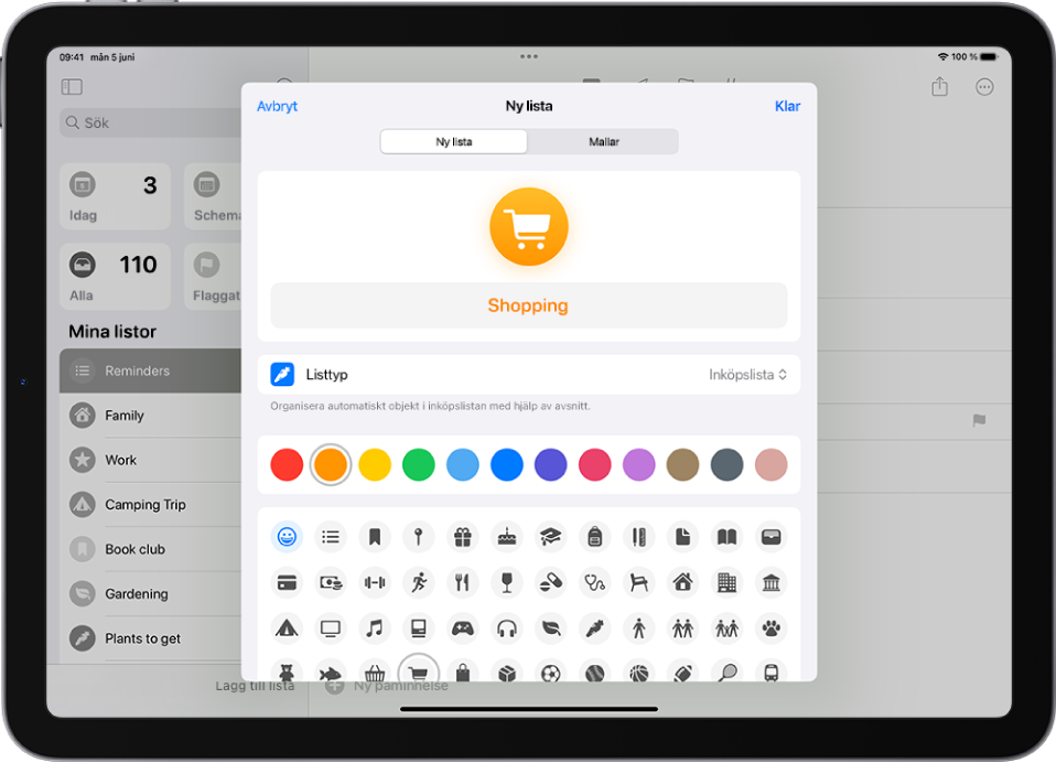 Skärmen för att skapa en ny lista i Påminnelser. Du kan anpassa namn, listtyp, färg och symbol.