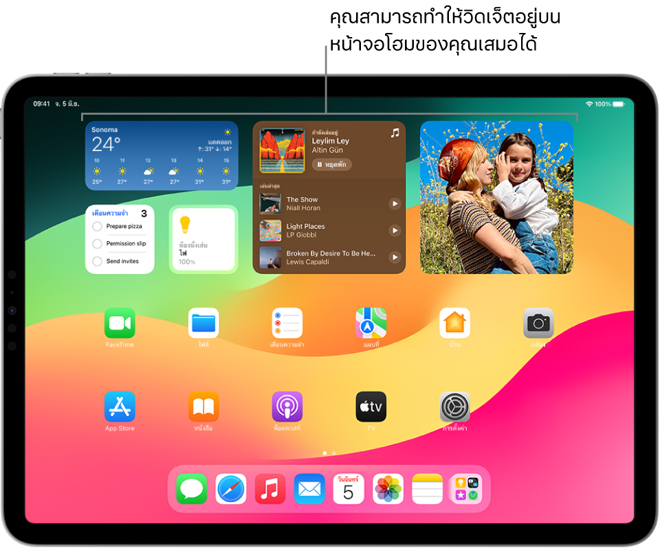 หน้าจอโฮม iPad ด้านบนสุดของหน้าจอคือวิดเจ็ตที่กำหนดเองสำหรับสภาพอากาศ เพลง รูปภาพ เตือนความจำ และบ้าน