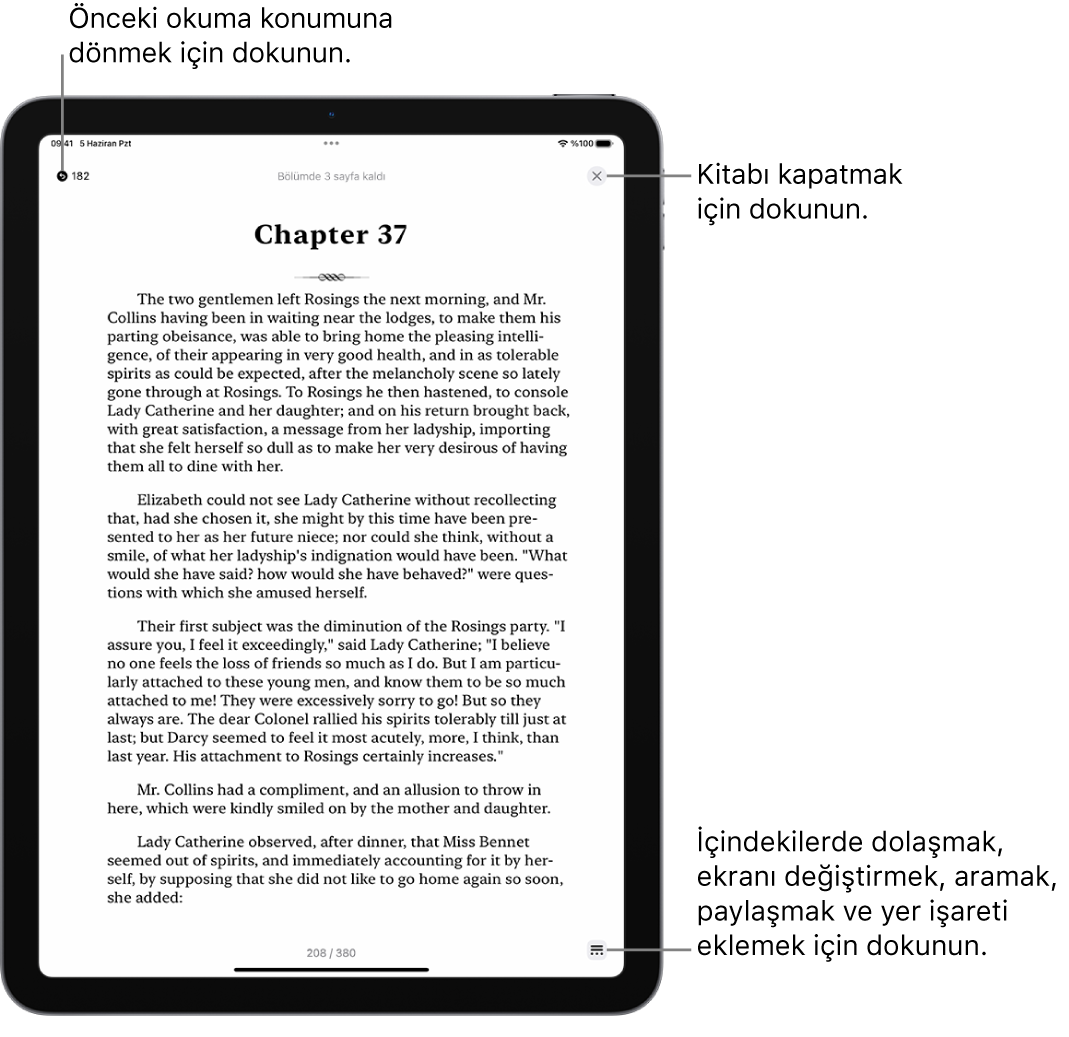 Kitaplar uygulamasındaki bir kitabın sayfası. Ekranın en üstünde, okumaya başladığınız sayfaya dönme ve kitabı kapatma düğmeleri var. Ekranın sağ alt tarafında Menü düğmesi var.