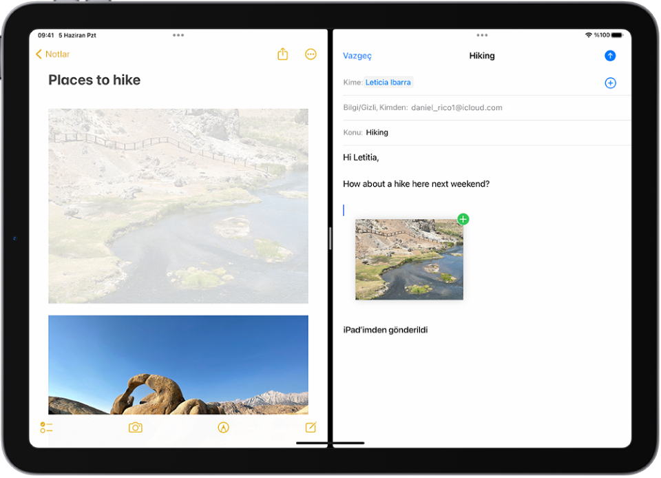 Solda Notlar’ın, sağda ise bir e-postanın açık olduğu Split View. Notlar’daki bir fotoğraf e-postaya sürükleniyor.