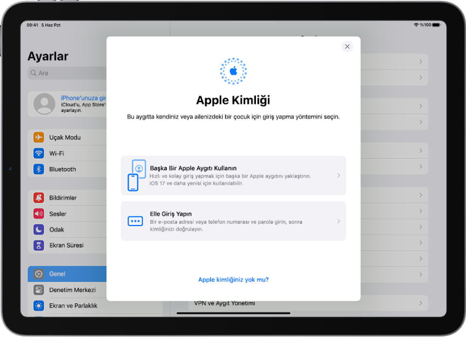 Ekranın ortasında Apple kimliği ile giriş sorgu kutusunun bulunduğu Ayarlar ekranı.