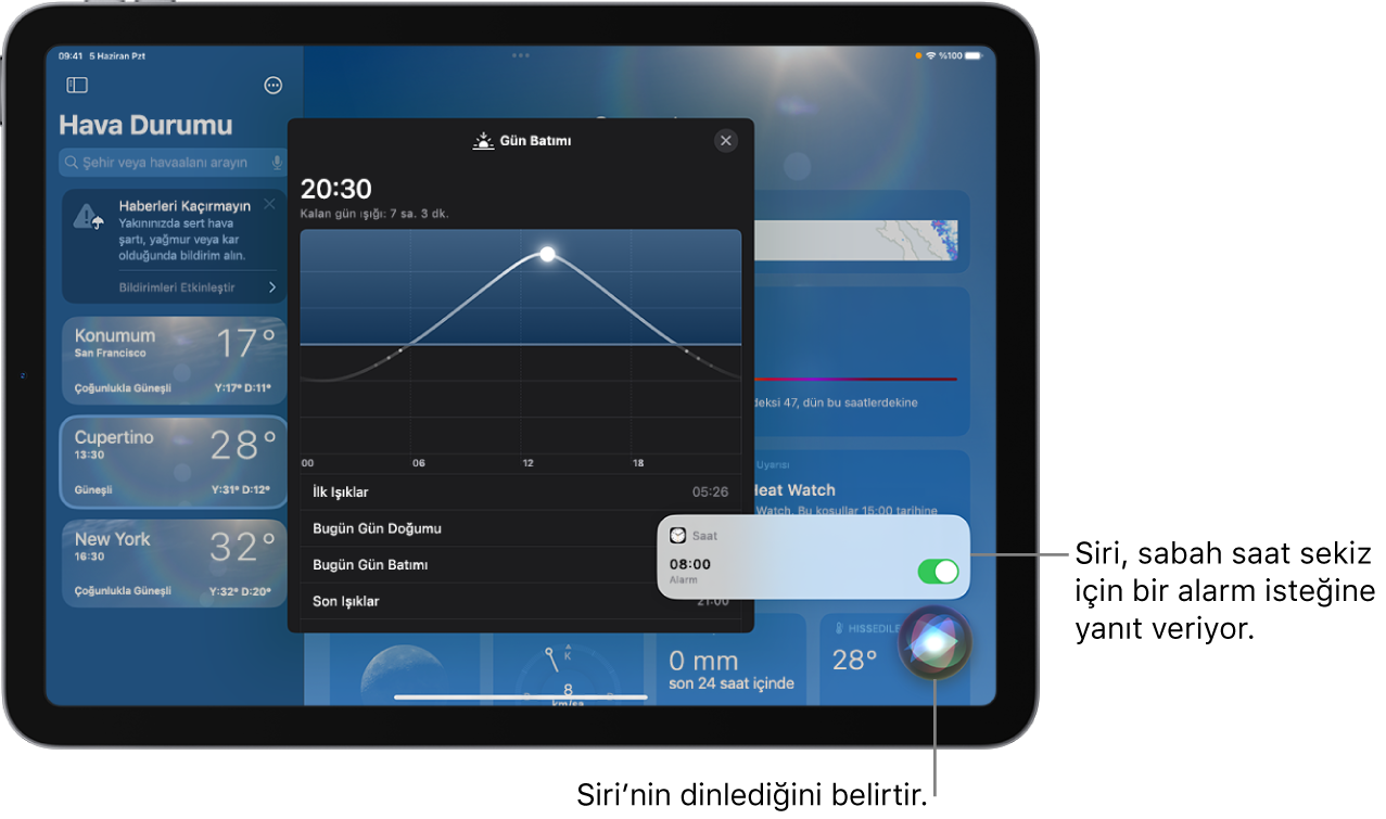 Hava Durumu uygulaması ekranında Siri. Sağ alt tarafta, Saat uygulamasından bir bildirim sabah saat 8 için bir alarm kurulduğunu gösteriyor. Onun altındaki bir simge Siri’nin dinlediğini belirtiyor.