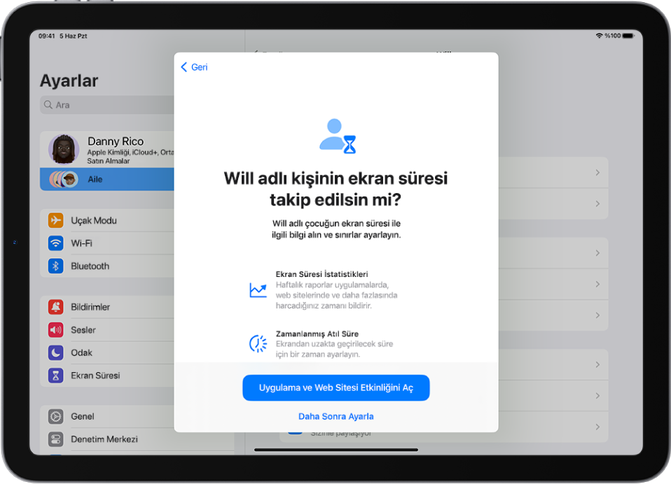 Planlanmış atıl süre gibi seçeneklerle çocuğun ekran süresini takip etmeye yönelik özelliklerin açıklamasını içeren bir ekran.