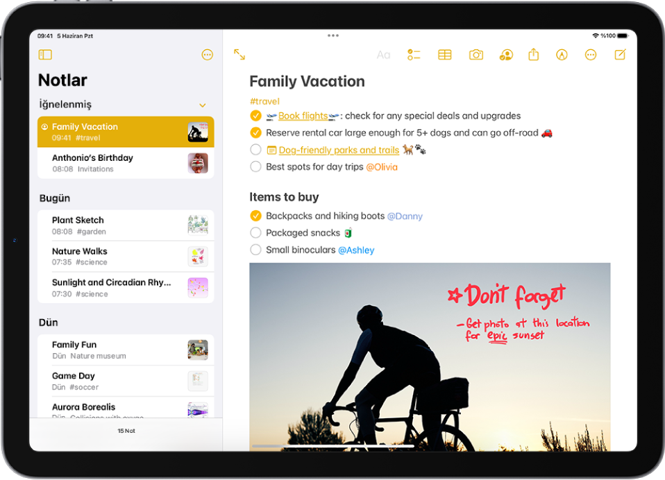 Notlar uygulamasının açık olduğu yatay yönde iPad. Kenar çubuğu not listesini ve en üstte kenar çubuğunu gizleme düğmesi ile klasörü yönetme düğmesini gösteriyor. Kenar çubuğunda seçili olan not sağ tarafta açık ve bir aile tatili için yapılacaklar listesini gösteriyor. Notun üst tarafında notu tam ekran görüntüleme, metni biçimleme, yapılacaklar listesi ekleme, tablo ekleme, fotoğraf ekleme, notu paylaşma, el yazısı araçlarını gösterme, notu yönetme ve yeni not yaratma düğmeleri var.