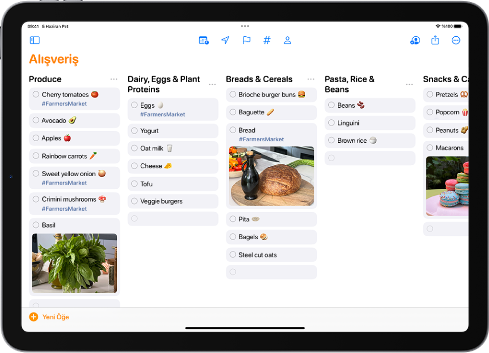 Anımsatıcılar’da bir alışveriş listesi; kategoriler sütunlar hâlinde düzenlenmiş. Yeni Öğe düğmesi sol altta.
