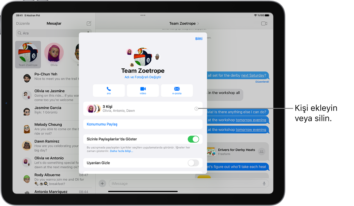 Grubun yazışma ayrıntılarıyla iPad.