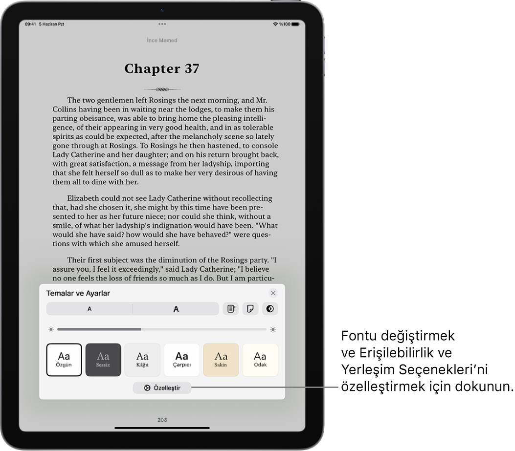 Kitaplar uygulamasındaki bir kitabın sayfası. Temalar ve Ayarlar seçenekleri; font puntosu, kaydırılan görüntü, sayfa çevirme stili, parlaklık ve font stilleri denetimlerini gösteriyor.
