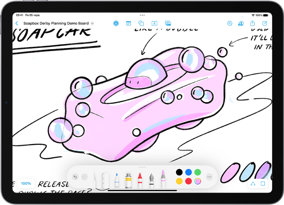 Малюнки й рукописний текст на дошці Freeform. Інструменти малювання відображаються вздовж нижнього краю.