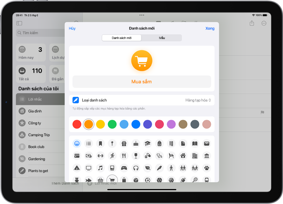 Màn hình để tạo một danh sách mới trong Lời nhắc. Bạn có thể tùy chỉnh tên, loại danh sách, màu và biểu tượng.