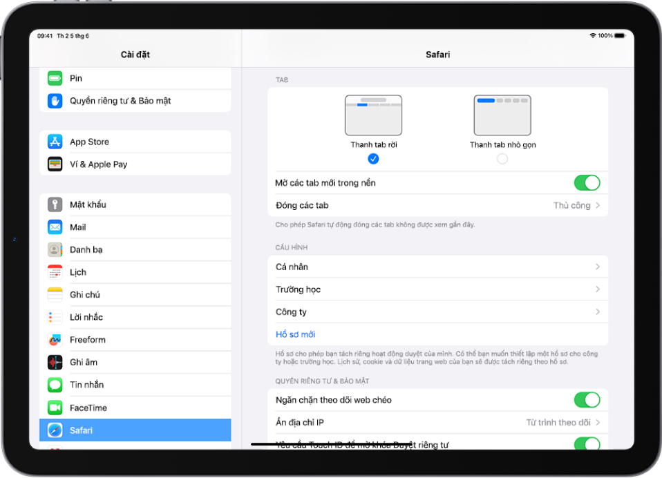 Phần Safari của ứng dụng Cài đặt. Bên dưới Tab là các tùy chọn Thanh tab rời và Thanh tab nhỏ gọn.