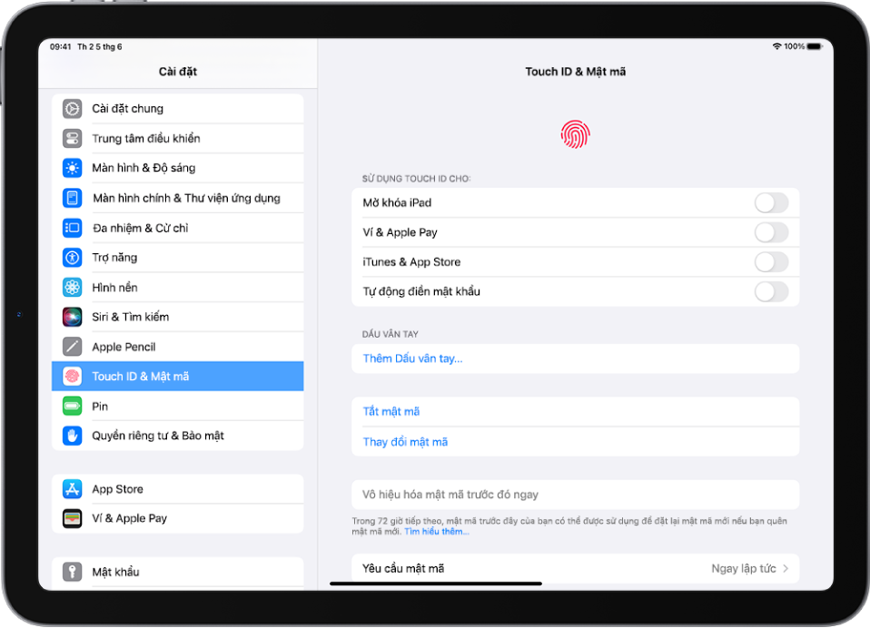 Thanh bên Cài đặt ở bên trái của màn hình và Touch ID & Mật mã được chọn. Ở bên phải của màn hình là các tùy chọn để lựa chọn những tính năng nào có thể được mở khóa bằng Touch ID. Mở khóa iPad, Ví & Apple Pay, iTunes & App Store và Tự động điền mật khẩu đều được tắt.