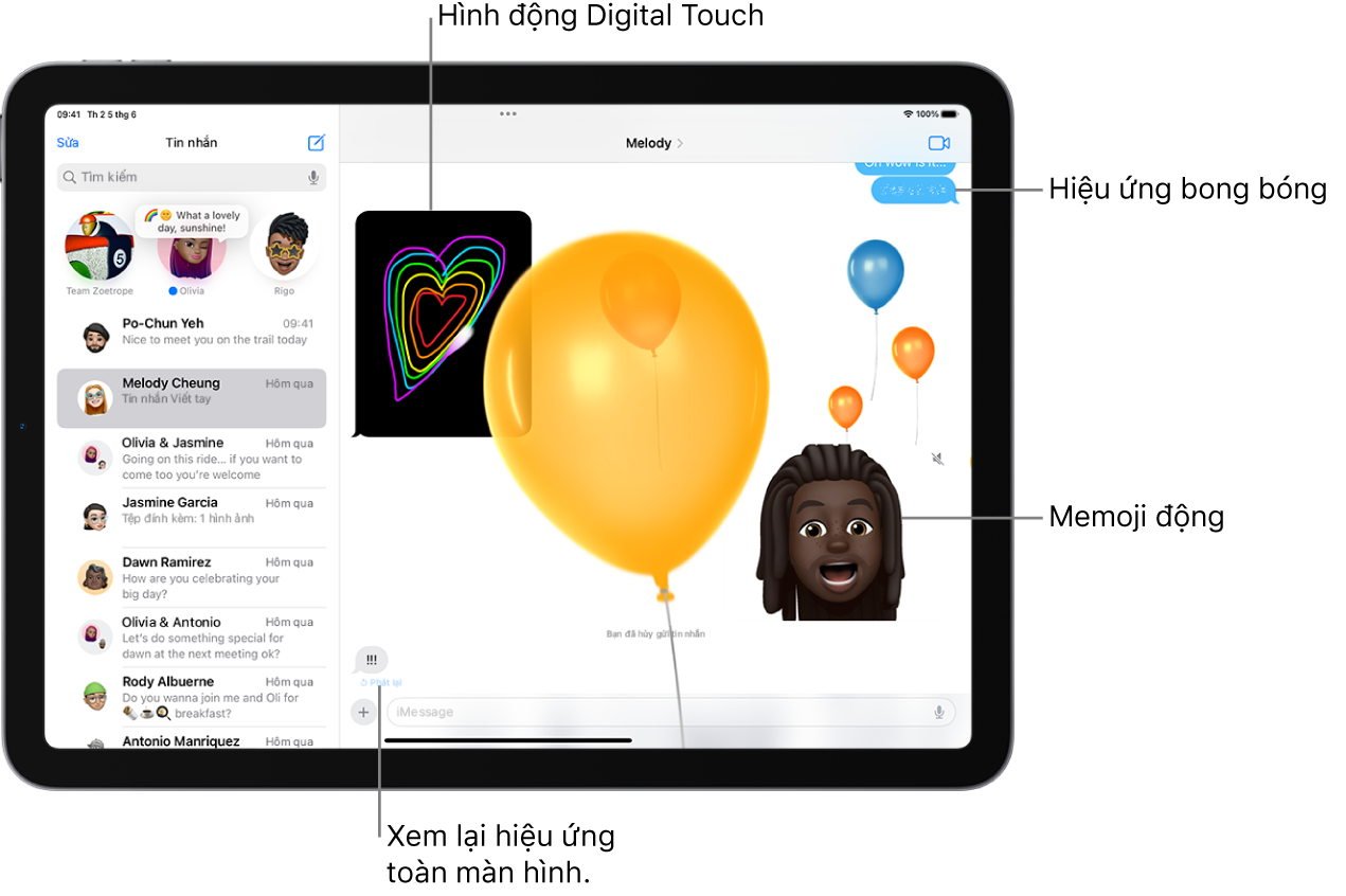 Một cuộc hội thoại Tin nhắn có các hiệu ứng bong bóng và toàn màn hình, cũng như các hình động: Digital Touch và một tin nhắn viết tay.