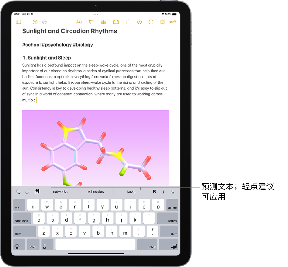 “备忘录” App 中打开的屏幕键盘。文本栏中输入了文本，键盘上方是下一个字词的预测文本建议。