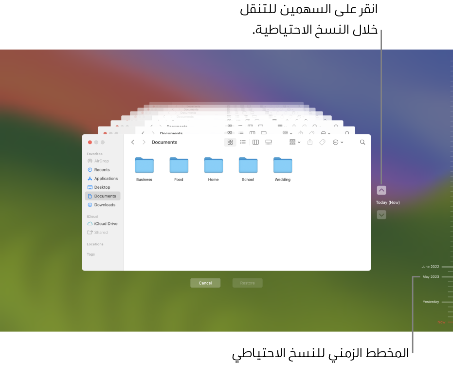 نافذة آلة الزمن تعرض شاشات فايندر متعددة مكدَّسة لتمثيل النُسخ الاحتياطية، وبها أسهم للتنقل. تساعدك الأسهم والمخطط الزمني للنسخ الاحتياطي على اليسار في التنقل عبر النُسخ الاحتياطية حتى تتمكن من اختيار الملفات التي تريد استعادتها.