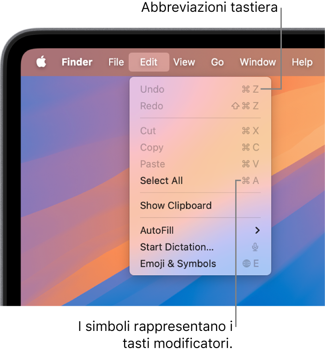 Il menu Modifica si apre nel Finder; le abbreviazioni da tastiera vengono visualizzate accanto agli elementi del menu.