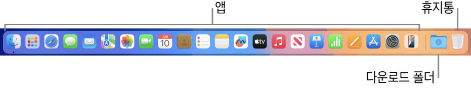 앱 아이콘, 다운로드 스택 및 휴지통을 표시하는 Dock.