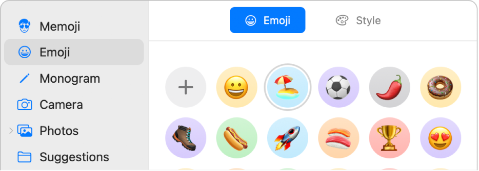 Opțiunile pentru imaginea contului Apple cu opțiunea Emoji selectată în bara laterală și diverse emojiuri afișate.