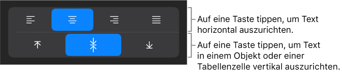 Horizontale und vertikale Ausrichtungstasten für Text