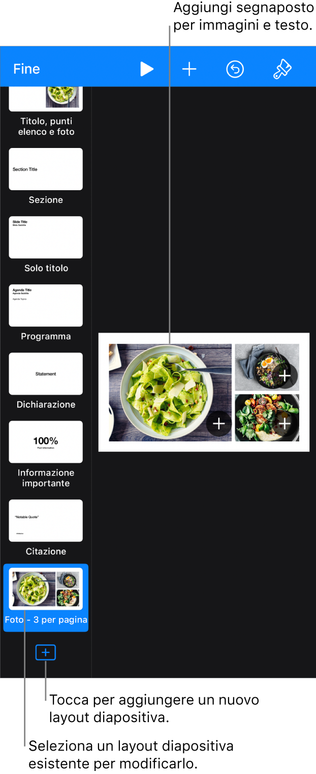 Una layout diapositiva nell’area di lavoro, con il pulsante “Aggiungi layout diapositiva” in fondo al navigatore diapositive.